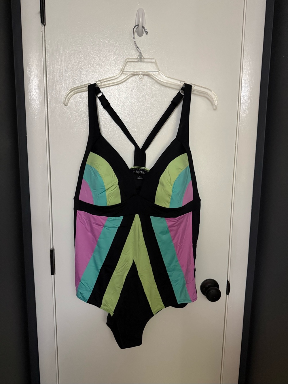 City Chic Black Swimsuit with Lime Trim and Pink Accents